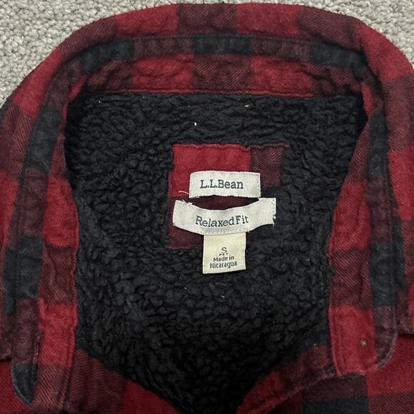 LL Bean Relaxed Fit Flannel Shacket Size S Sherpa Lined Scotch Plaid Red Black - Picture 2 of 6